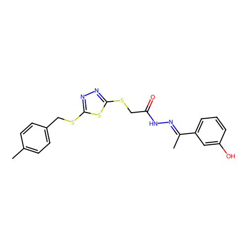 (E)-N'-(1-(3-hydroxyphenyl)ethylidene)-2-((5-((4-methylbenzyl)thio)-1,3,4-thiadiazol-2-yl)thio)acetohydrazide structure