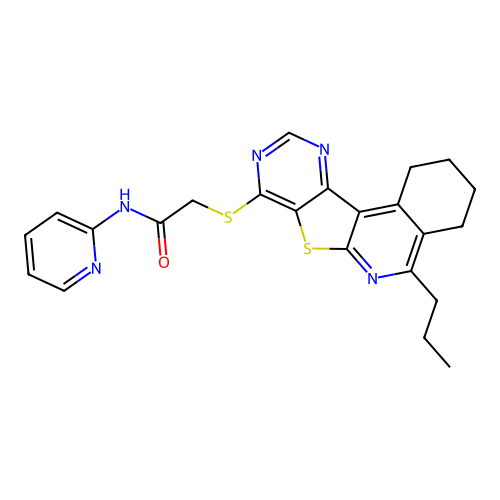 2-((5-propyl-1,2,3,4-tetrahydropyrimido[4',5':4,5]thieno[2,3-c]isoquinolin-8-yl)thio)-N-(pyridin-2-yl)acetamide structure