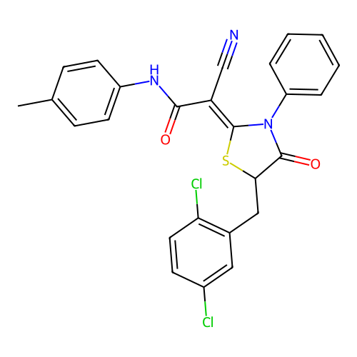 (Z)-2-cyano-2-(5-(2,5-dichlorobenzyl)-4-oxo-3-phenylthiazolidin-2-ylidene)-N-(p-tolyl)acetamide structure