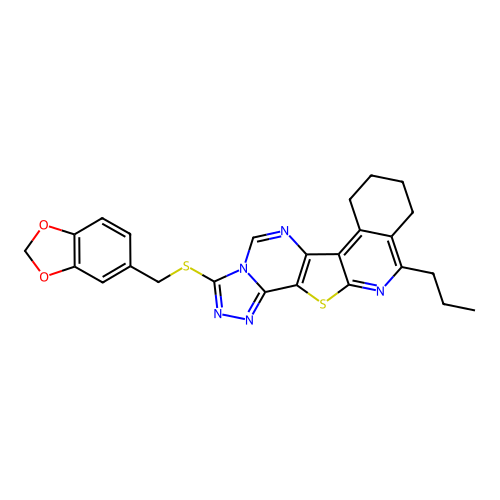 3-((benzo[d][1,3]dioxol-5-ylmethyl)thio)-11-propyl-7,8,9,10-tetrahydro-[1,2,4]triazolo[4'',3'':1',6']pyrimido[4',5':4,5]thieno[2,3-c]isoquinoline structure