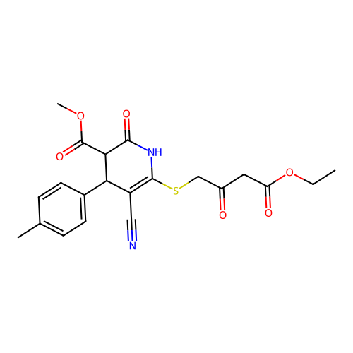 methyl 5-cyano-6-((4-ethoxy-2,4-dioxobutyl)thio)-2-oxo-4-(p-tolyl)-1,2,3,4-tetrahydropyridine-3-carboxylate structure