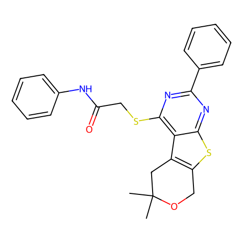 2-((6,6-dimethyl-2-phenyl-6,8-dihydro-5H-pyrano[4',3':4,5]thieno[2,3-d]pyrimidin-4-yl)thio)-N-phenylacetamide structure