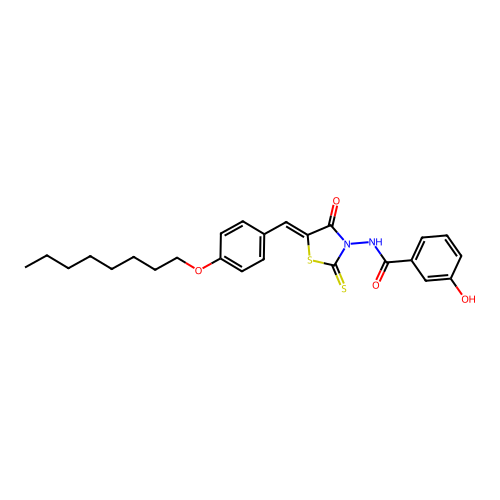 3-hydroxy-N-{(5Z)-5-[4-(octyloxy)benzylidene]-4-oxo-2-thioxo-1,3-thiazolidin-3-yl}benzamide structure