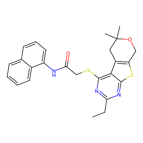 2-[(2-ethyl-6,6-dimethyl-5,8-dihydro-6H-pyrano[4',3':4,5]thieno[2,3-d]pyrimidin-4-yl)sulfanyl]-N-(naphthalen-1-yl)acetamide structure