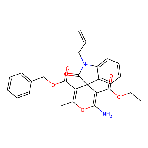 5'-benzyl 3'-ethyl 2'-amino-6'-methyl-2-oxo-1-(prop-2-en-1-yl)-1,2-dihydrospiro[indole-3,4'-pyran]-3',5'-dicarboxylate structure