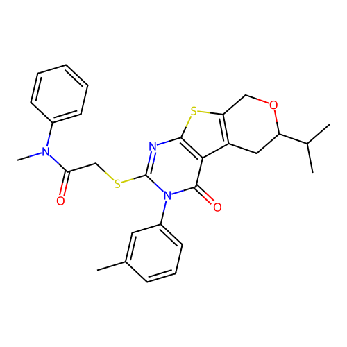 2-((6-isopropyl-4-oxo-3-(m-tolyl)-4,5,6,8-tetrahydro-3H-pyrano[4',3':4,5]thieno[2,3-d]pyrimidin-2-yl)thio)-N-methyl-N-phenylacetamide structure