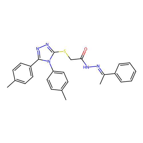 (E)-2-((4,5-di-p-tolyl-4H-1,2,4-triazol-3-yl)thio)-N'-(1-phenylethylidene)acetohydrazide structure