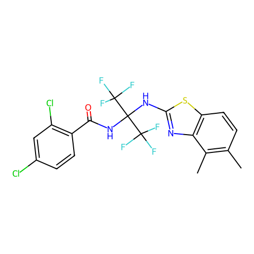 2,4-dichloro-N-(2-((4,5-dimethylbenzo[d]thiazol-2-yl)amino)-1,1,1,3,3,3-hexafluoropropan-2-yl)benzamide structure