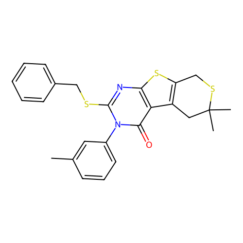 2-(benzylsulfanyl)-6,6-dimethyl-3-(3-methylphenyl)-3,5,6,8-tetrahydro-4H-thiopyrano[4',3':4,5]thieno[2,3-d]pyrimidin-4-one structure