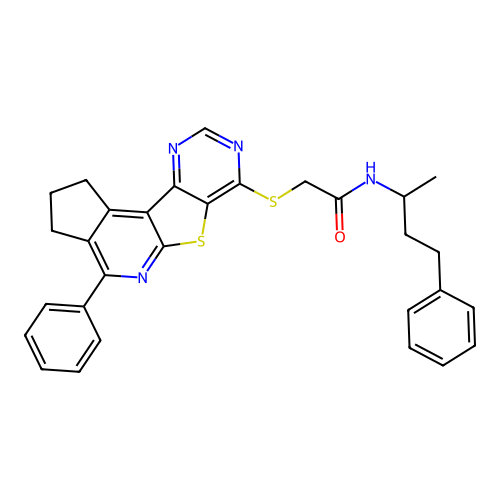 2-((4-phenyl-2,3-dihydro-1H-cyclopenta[4',5']pyrido[3',2':4,5]thieno[3,2-d]pyrimidin-7-yl)thio)-N-(4-phenylbutan-2-yl)acetamide structure