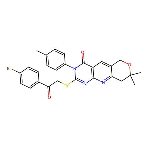 2-((2-(4-bromophenyl)-2-oxoethyl)thio)-8,8-dimethyl-3-(p-tolyl)-8,9-dihydro-3H-pyrano[3',4':5,6]pyrido[2,3-d]pyrimidin-4(6H)-one structure