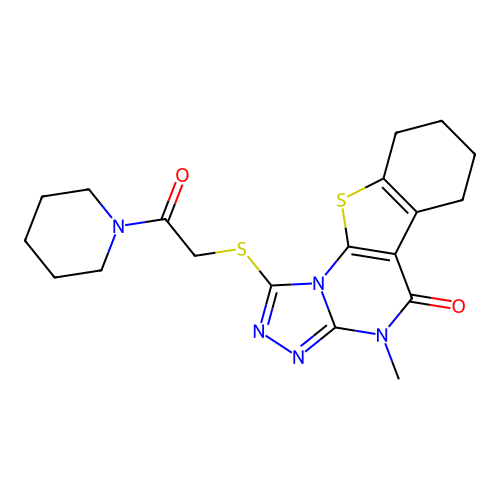 4-methyl-1-((2-oxo-2-(piperidin-1-yl)ethyl)thio)-6,7,8,9-tetrahydrobenzo[4,5]thieno[3,2-e][1,2,4]triazolo[4,3-a]pyrimidin-5(4H)-one structure