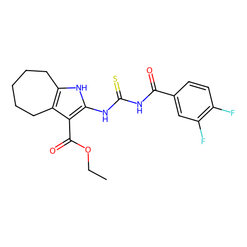 ethyl 2-({[(3,4-difluorophenyl)carbonyl]carbamothioyl}amino)-1,4,5,6,7,8-hexahydrocyclohepta[b]pyrrole-3-carboxylate structure