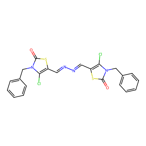 5,5'-((1E,1'E)-hydrazine-1,2-diylidenebis(methanylylidene))bis(3-benzyl-4-chlorothiazol-2(3H)-one) structure