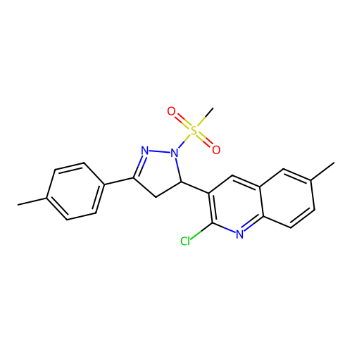 2-chloro-6-methyl-3-(1-(methylsulfonyl)-3-(p-tolyl)-4,5-dihydro-1H-pyrazol-5-yl)quinoline structure