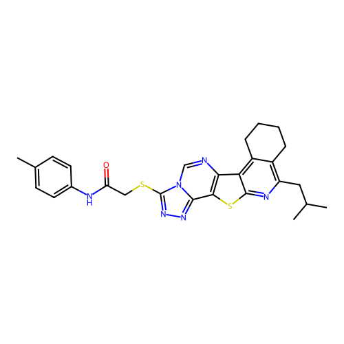 2-((11-isobutyl-7,8,9,10-tetrahydro-[1,2,4]triazolo[4'',3'':1',6']pyrimido[4',5':4,5]thieno[2,3-c]isoquinolin-3-yl)thio)-N-(p-tolyl)acetamide structure