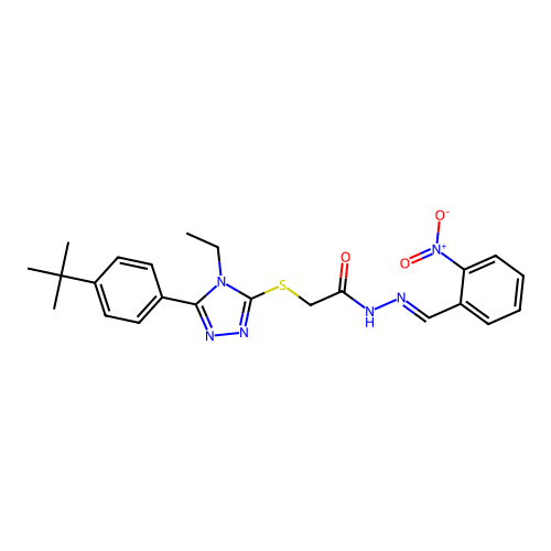 2-{[5-(4-tert-butylphenyl)-4-ethyl-4H-1,2,4-triazol-3-yl]sulfanyl}-N'-[(E)-(2-nitrophenyl)methylidene]acetohydrazide structure