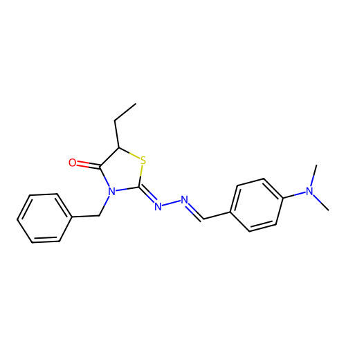 (2Z)-3-benzyl-2-{(2E)-[4-(dimethylamino)benzylidene]hydrazinylidene}-5-ethyl-1,3-thiazolidin-4-one structure