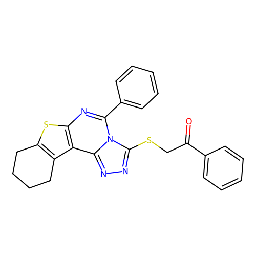 1-phenyl-2-((5-phenyl-8,9,10,11-tetrahydrobenzo[4,5]thieno[3,2-e][1,2,4]triazolo[4,3-c]pyrimidin-3-yl)thio)ethanone structure