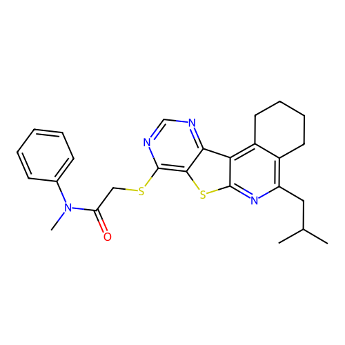 2-((5-isobutyl-1,2,3,4-tetrahydropyrimido[4',5':4,5]thieno[2,3-c]isoquinolin-8-yl)thio)-N-methyl-N-phenylacetamide structure