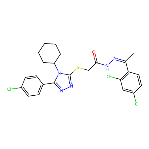 (Z)-2-((5-(4-chlorophenyl)-4-cyclohexyl-4H-1,2,4-triazol-3-yl)thio)-N'-(1-(2,4-dichlorophenyl)ethylidene)acetohydrazide structure