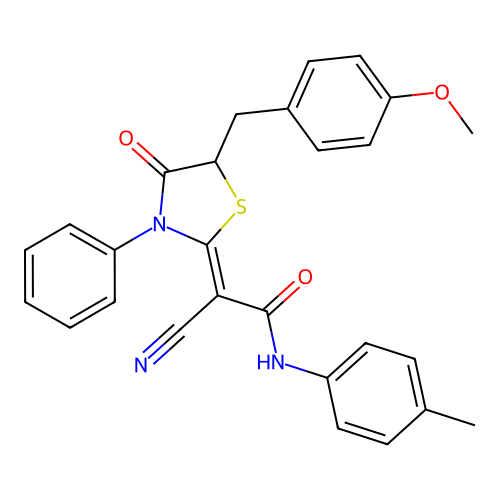 (Z)-2-cyano-2-(5-(4-methoxybenzyl)-4-oxo-3-phenylthiazolidin-2-ylidene)-N-(p-tolyl)acetamide structure