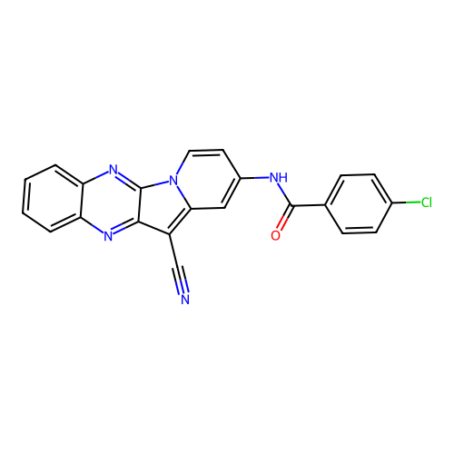 4-chloro-N-(12-cyanoindolizino[2,3-b]quinoxalin-2-yl)benzamide structure