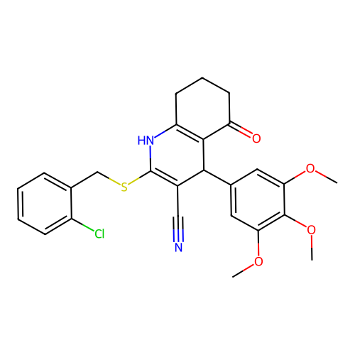 2-[(2-chlorobenzyl)sulfanyl]-5-oxo-4-(3,4,5-trimethoxyphenyl)-1,4,5,6,7,8-hexahydroquinoline-3-carbonitrile structure