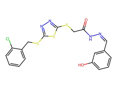 2-[[5-[(2-chlorophenyl)methylsulfanyl]-1,3,4-thiadiazol-2-yl]sulfanyl]-N-[(E)-(3-hydroxyphenyl)methylideneamino]acetamide structure