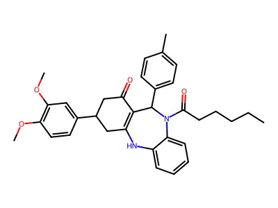 1-[3-(3,4-dimethoxyphenyl)-1-hydroxy-11-(4-methylphenyl)-2,3,4,11-tetrahydro-10H-dibenzo[b,e][1,4]diazepin-10-yl]hexan-1-one structure