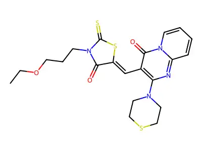 3-{(Z)-[3-(3-ethoxypropyl)-4-oxo-2-thioxo-1,3-thiazolidin-5-ylidene]methyl}-2-(thiomorpholin-4-yl)-4H-pyrido[1,2-a]pyrimidin-4-one structure