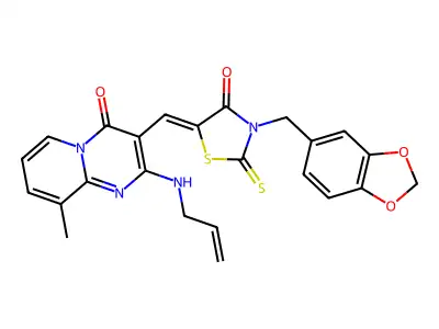 2-(allylamino)-3-{(Z)-[3-(1,3-benzodioxol-5-ylmethyl)-4-oxo-2-thioxo-1,3-thiazolidin-5-ylidene]methyl}-9-methyl-4H-pyrido[1,2-a]pyrimidin-4-one structure