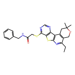 N-benzyl-2-((5-ethyl-2,2-dimethyl-2,4-dihydro-1H-pyrano[4'',3'':4',5']pyrido[3',2':4,5]thieno[3,2-d]pyrimidin-8-yl)thio)acetamide structure