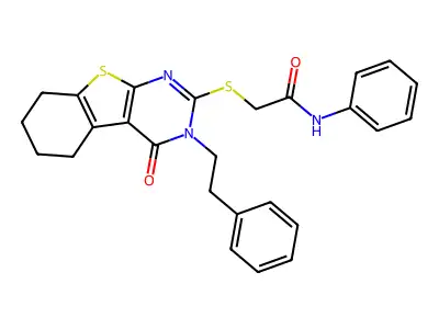 2-((4-oxo-3-phenethyl-3,4,5,6,7,8-hexahydrobenzo[4,5]thieno[2,3-d]pyrimidin-2-yl)thio)-N-phenylacetamide structure