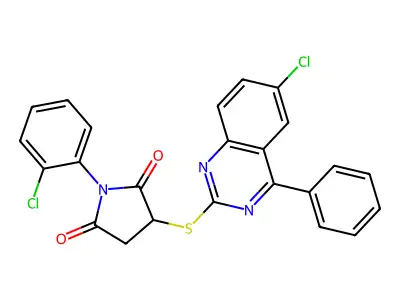 1-(2-chlorophenyl)-3-[(6-chloro-4-phenylquinazolin-2-yl)sulfanyl]pyrrolidine-2,5-dione structure