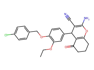 2-amino-4-[4-[(4-chlorophenyl)methoxy]-3-ethoxyphenyl]-5-oxo-4,6,7,8-tetrahydrochromene-3-carbonitrile structure