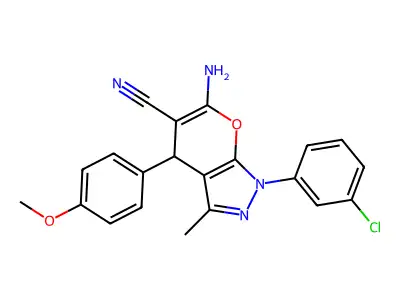 6-amino-1-(3-chlorophenyl)-4-(4-methoxyphenyl)-3-methyl-4H-pyrano[2,3-c]pyrazole-5-carbonitrile structure