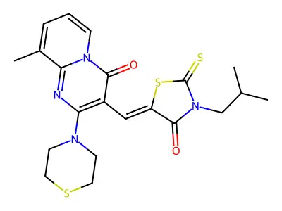 9-methyl-3-{(Z)-[3-(2-methylpropyl)-4-oxo-2-thioxo-1,3-thiazolidin-5-ylidene]methyl}-2-(thiomorpholin-4-yl)-4H-pyrido[1,2-a]pyrimidin-4-one structure