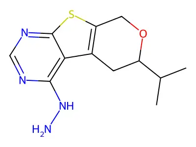 4-hydrazinyl-6-(propan-2-yl)-5,8-dihydro-6H-pyrano[4',3':4,5]thieno[2,3-d]pyrimidine structure