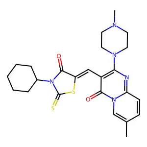 3-[(Z)-(3-cyclohexyl-4-oxo-2-thioxo-1,3-thiazolidin-5-ylidene)methyl]-7-methyl-2-(4-methylpiperazin-1-yl)-4H-pyrido[1,2-a]pyrimidin-4-one structure