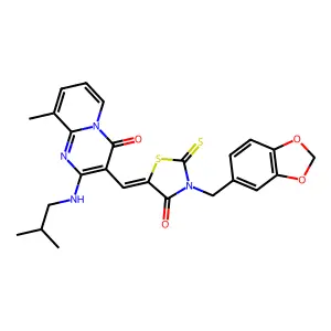 3-{(Z)-[3-(1,3-benzodioxol-5-ylmethyl)-4-oxo-2-thioxo-1,3-thiazolidin-5-ylidene]methyl}-9-methyl-2-[(2-methylpropyl)amino]-4H-pyrido[1,2-a]pyrimidin-4-one structure