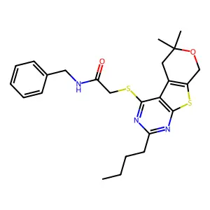 N-benzyl-2-[(2-butyl-6,6-dimethyl-5,8-dihydro-6H-pyrano[4',3':4,5]thieno[2,3-d]pyrimidin-4-yl)sulfanyl]acetamide structure