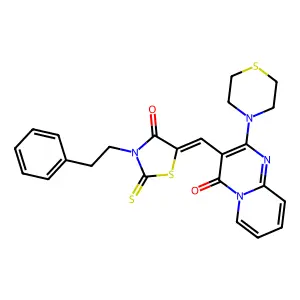3-{(Z)-[4-oxo-3-(2-phenylethyl)-2-thioxo-1,3-thiazolidin-5-ylidene]methyl}-2-(thiomorpholin-4-yl)-4H-pyrido[1,2-a]pyrimidin-4-one structure