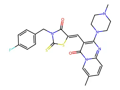 3-{(Z)-[3-(4-fluorobenzyl)-4-oxo-2-thioxo-1,3-thiazolidin-5-ylidene]methyl}-7-methyl-2-(4-methylpiperazin-1-yl)-4H-pyrido[1,2-a]pyrimidin-4-one structure