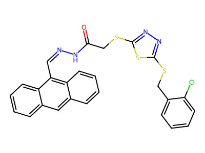 N-[(E)-anthracen-9-ylmethylideneamino]-2-[[5-[(2-chlorophenyl)methylsulfanyl]-1,3,4-thiadiazol-2-yl]sulfanyl]acetamide structure
