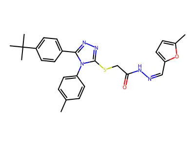2-[[5-(4-tert-butylphenyl)-4-(4-methylphenyl)-1,2,4-triazol-3-yl]sulfanyl]-N-[(E)-(5-methylfuran-2-yl)methylideneamino]acetamide structure