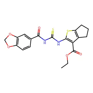 ethyl 2-{[(1,3-benzodioxol-5-ylcarbonyl)carbamothioyl]amino}-5,6-dihydro-4H-cyclopenta[b]thiophene-3-carboxylate structure