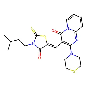 3-{(Z)-[3-(3-methylbutyl)-4-oxo-2-thioxo-1,3-thiazolidin-5-ylidene]methyl}-2-(thiomorpholin-4-yl)-4H-pyrido[1,2-a]pyrimidin-4-one structure