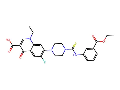7-(4-{[3-(ethoxycarbonyl)phenyl]carbamothioyl}piperazin-1-yl)-1-ethyl-6-fluoro-4-oxo-1,4-dihydroquinoline-3-carboxylic acid structure