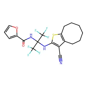 N-[2-[(3-cyano-4,5,6,7,8,9-hexahydrocycloocta[b]thiophen-2-yl)amino]-1,1,1,3,3,3-hexafluoropropan-2-yl]furan-2-carboxamide structure